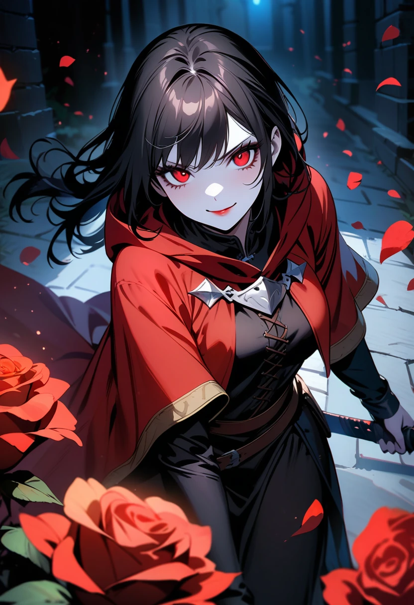 upper body portrait, 1girl, solo, 1knight, (holding sword, shield), (long black hair), detailed face, mischief, smirk, pale white skin, red eyes, (detailed eyes), long eyelashes, black eye liner, red lipstick, black tunic, (red hoodie cloak), long dress, leather glove, (walking pose), walking, moonlight, hard lighting, blue light, cold light, ((rose pedals falling)), (medieval theme), ((masterpiece)), super detailed, best quality, POV, dw01-3400