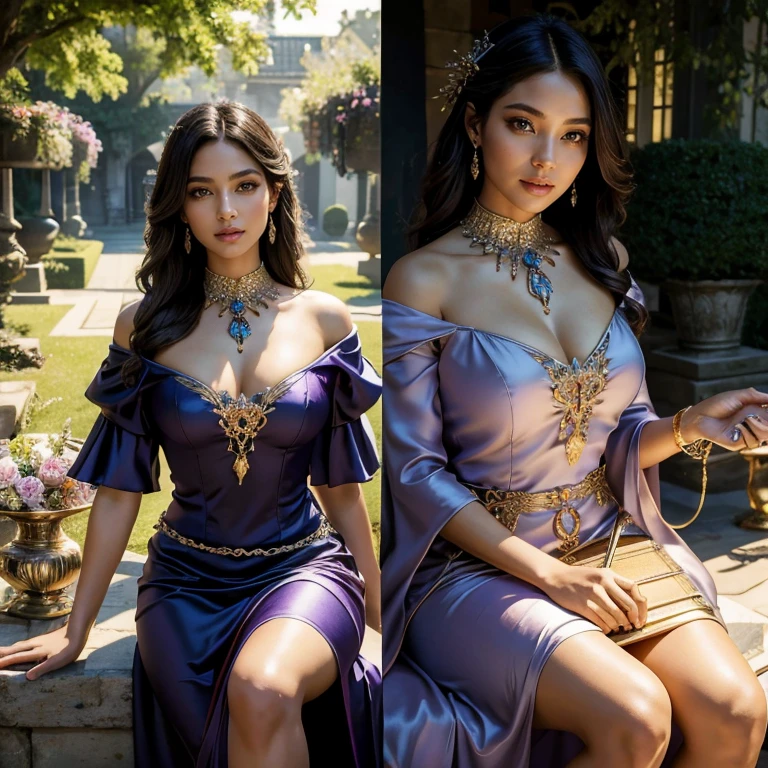 (masterpiece, best quality:1.5), highest quality, High resolution, super detailed, Realists, Upper body photo of a sorceress, dark skin, detailed and beautiful eyes, beautiful detailed lips, very detailed eyes and face, longeyelashes, shiny satin dress, Holds a wand in his hand and performs a transformation spell( Magic wand lights up) Beautiful and colorful makeup, elegant and noble々The jewelry bag, Gardens as background, soft daylight, bright colors, fine brushstrokes, Portrait style, Silk dress fabric, beautiful color palette, glowing skin, First-class rendering, that captures every detail, enchanting atmosphere, subtle shadows and lights, (perfect anatomy:1.2), (The stunning sorceress transforms a dress) (eine Transformation):1.4), (magnificent panorama view:1.2)