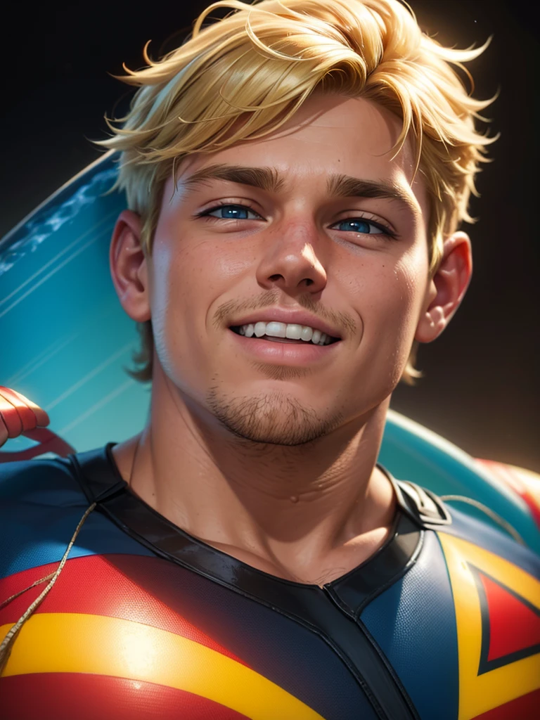 a blonde boy with surfer hair, slightly gapped teeth, chubby cheeks, a new superhero, (best quality,4k,8k,highres,masterpiece:1.2),ultra-detailed,(realistic,photorealistic,photo-realistic:1.37),HDR,UHD,studio lighting,ultra-fine painting,sharp focus,physically-based rendering,extreme detail description,professional,vivid colors,bokeh,superhero,young boy,surfer hair,slightly gapped teeth,chubby cheeks,new superhero,portrait,character design,cinematic lighting,dynamic pose,heroic,colorful,vibrant
