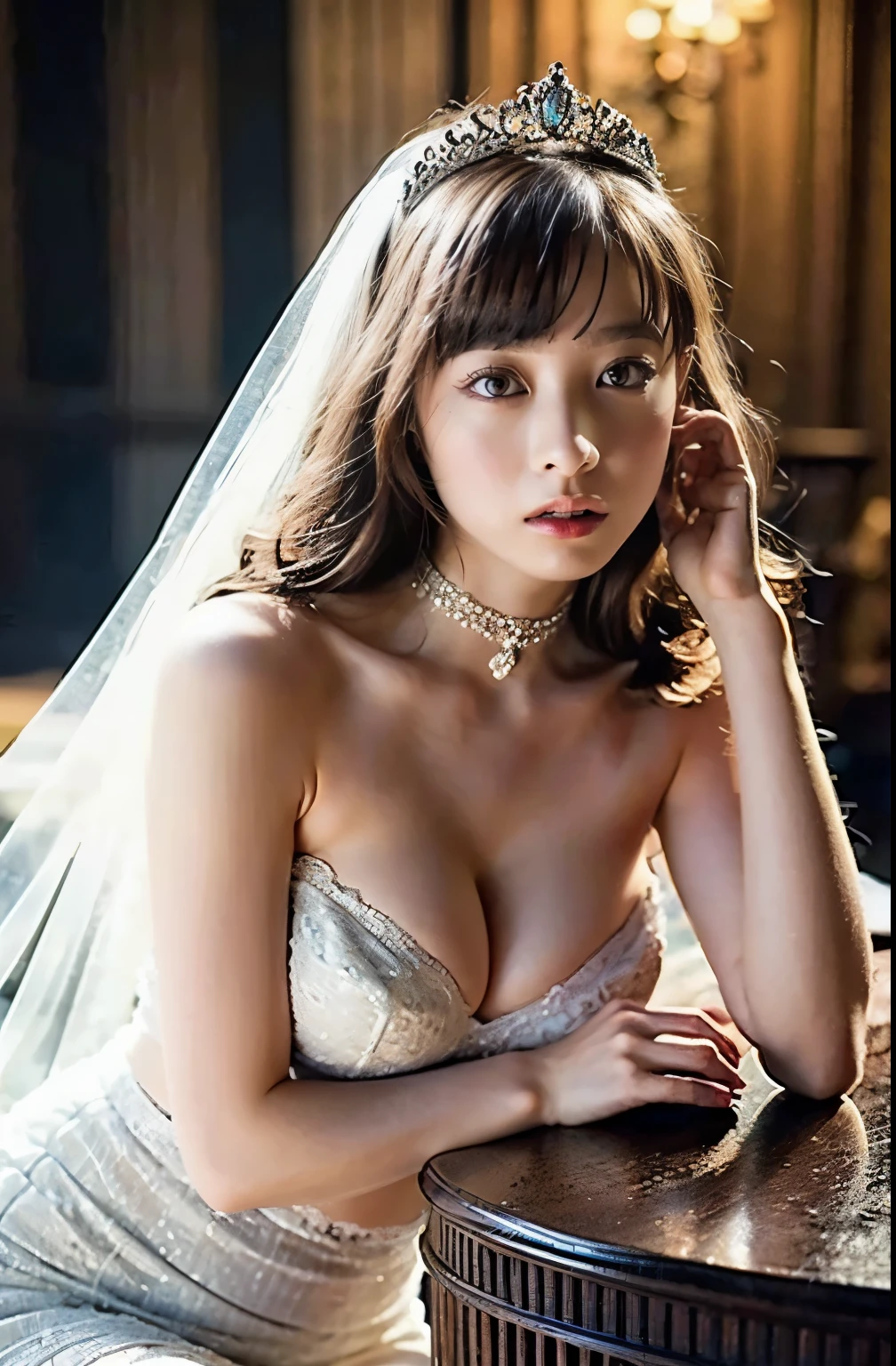 naked,Like the whole body," shape, Bride's outfit without shoulder straps,small silver tiara,huge ,sloppy and droopy breasts, Her heavy breasts are almost completely exposed ,Fully visible bust,Sheer princess skirt,Church wedding,There is a large crowd of participants behind you, Perfect body, (Highest quality, 4K, 8k, High resolution, Tabletop:1.2), Very detailed, (Realistic, Realistic, Photorealistic:1.37), Royal, Enchanting, (Vibrant colors, Sharp Chest:1.1), Soft lighting", Transparent dress. Micro Panties. Deep cleavage. nakedの太もも. Fishnet bra. Micro Scanty.