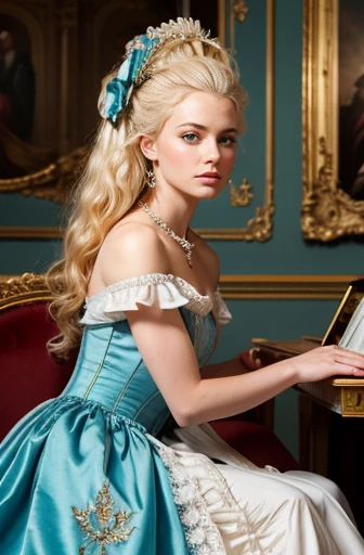 Creating a beautiful image of Marie Antoinette, 19 years old, A gorgeous golden throne hall々and sitting. She is wearing a gorgeous blue Rococo dress with the gorgeous hairstyle of the period.. Antoinette holds a lily in her right hand, Slightly raised. The dress underneath the robe is white.、Delicate lace detailing. The setting is the gardens of the Palace of Versailles. Antoinette&#39;s expression exudes an air of ennui..