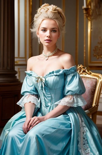 Creating a beautiful image of Marie Antoinette, 19 years old, A gorgeous golden throne hall々and sitting. She is wearing a gorgeous blue Rococo dress with the gorgeous hairstyle of the period.. Antoinette holds a lily in her right hand, Slightly raised. The dress underneath the robe is white.、Delicate lace detailing. The setting is the gardens of the Palace of Versailles. Antoinette&#39;s expression exudes an air of ennui..