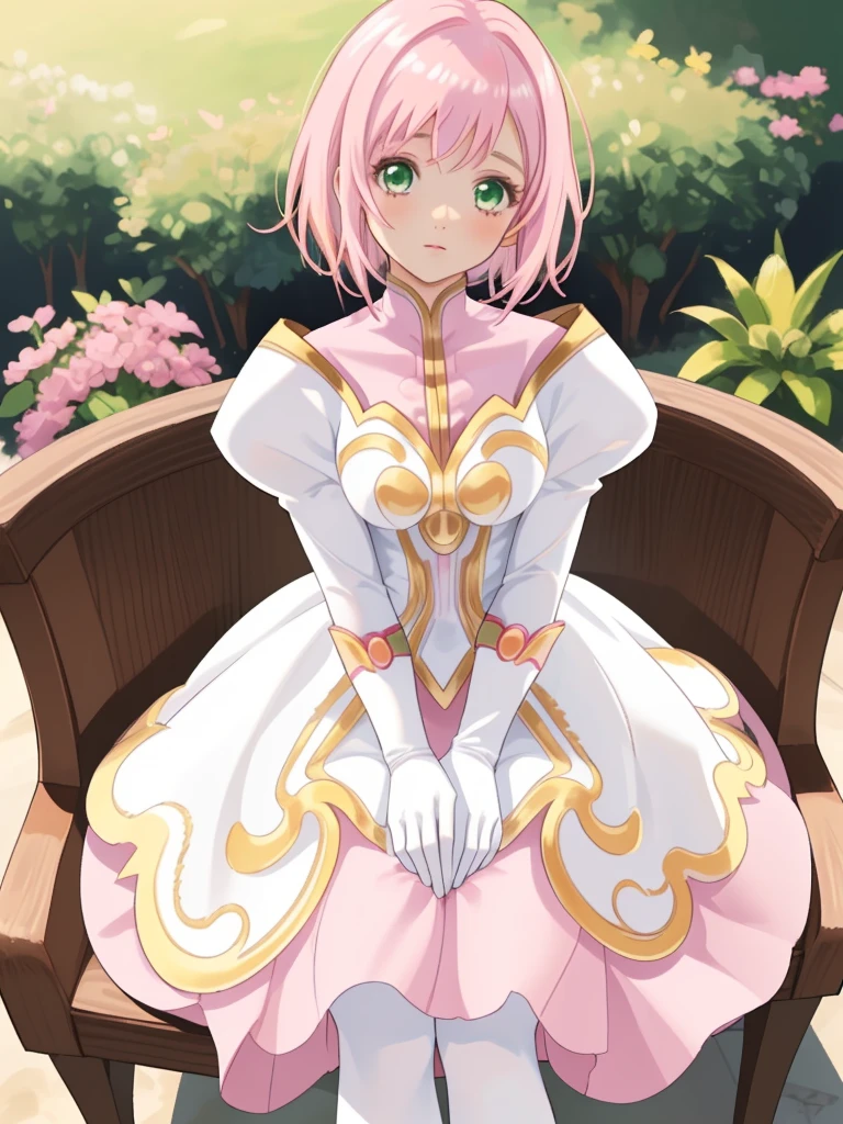 masterpiece, Highest quality, alone, One Girl,Estellise Sidos Heurassein, Pink Hair, short hair, Green Eyes, Small breasts, White and pink dress, Glamorous Dress, Pink collar, Pink Skirt, White boots, White gloves, (Black Pantyhose, Black legwear:1.1)whole body, Little:5, cute, (Beautifully detailed face), (Beautiful attention to detail), (Beautiful detailed hair)