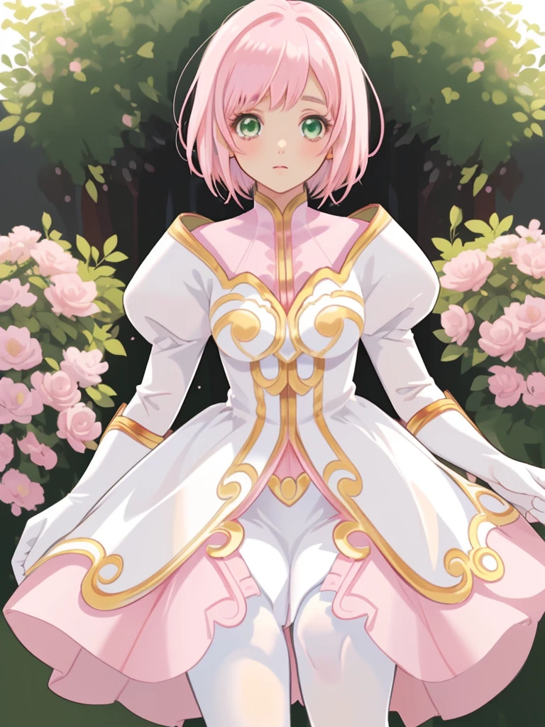 masterpiece, Highest quality, alone, One Girl,Estellise Sidos Heurassein, Pink Hair, short hair, Green Eyes, Small breasts, White and pink dress, Glamorous Dress, Pink collar, Pink Skirt, White boots, White gloves, (Black Pantyhose, Black legwear:1.1)whole body, Little:5, cute, (Beautifully detailed face), (Beautiful attention to detail), (Beautiful detailed hair)
