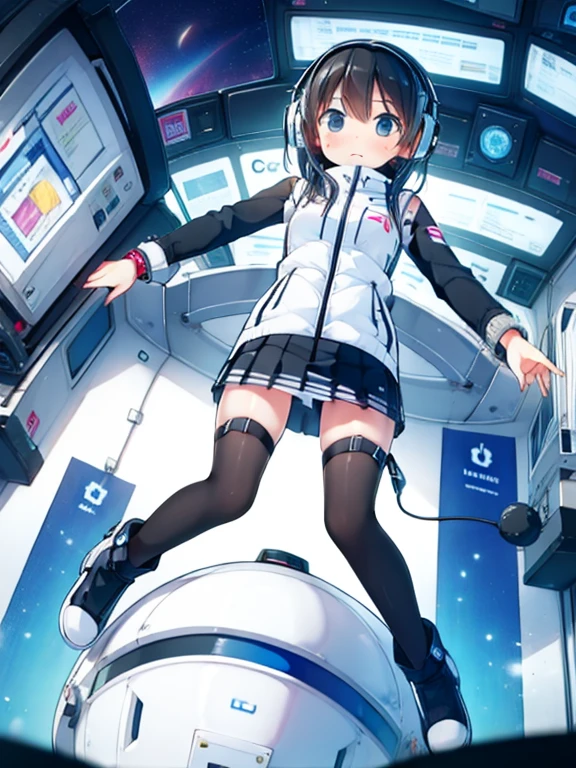 (Highest quality), (masterpiece), 1080P, High resolution, 4K, 8k, Inside the space station、Futuristic room、jumping:1.5,zero gravity,floating,Thigh straps, Shooting from directly below, The woman on top of me, 白いSweat, Covered , Sweat, Woman looking down, Skirt swimsuit, I can see your pants。BREAK black long sleeves,black tights,BREAK thigh-high socks, futuristic boots,headphone,To achieve this, 16 years old, , whole body, Black leather shoes, Braided hair, Inner Color, Embarrassed face, Short black hair, bracelet, Bedroom,white downVest,celestial body_Vest
