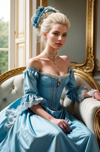 Creating a beautiful image of Marie Antoinette, 19 years old, A gorgeous golden throne hall々and sitting. She has the big, gorgeous hairstyle of the period and is dressed in a gorgeous blue Rococo dress.. Antoinette holds a lily in her right hand, Slightly raised. The dress underneath the robe is white.、Delicate lace detailing. The setting is the gardens of the Palace of Versailles. Antoinette&#39;s expression exudes an air of ennui..