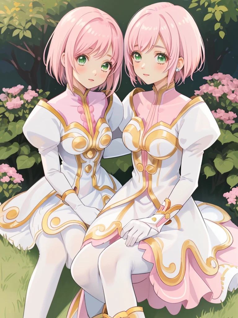 masterpiece, Highest quality, alone, One Girl,Estellise Sidos Heurassein, Pink Hair, short hair, Green Eyes, Small , White and pink dress, Glamorous Dress, Pink collar, Pink Skirt, White boots, White gloves, (Black Pantyhose, Black legwear:1.1)whole body, Little:5, cute, (Beautifully detailed face), (Beautiful attention to detail), (Beautiful detailed hair)