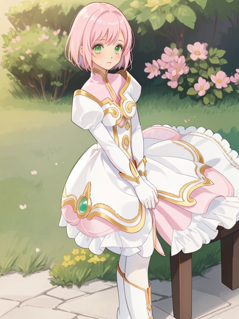 masterpiece, Highest quality, alone, One Girl,Estellise Sidos Heurassein, Pink Hair, short hair, Green Eyes, Small breasts, White and pink dress, Glamorous Dress, Pink collar, Pink Skirt, White boots, White gloves, (Black Pantyhose, Black legwear:1.1)whole body, Little:5, cute, (Beautifully detailed face), (Beautiful attention to detail), (Beautiful detailed hair)