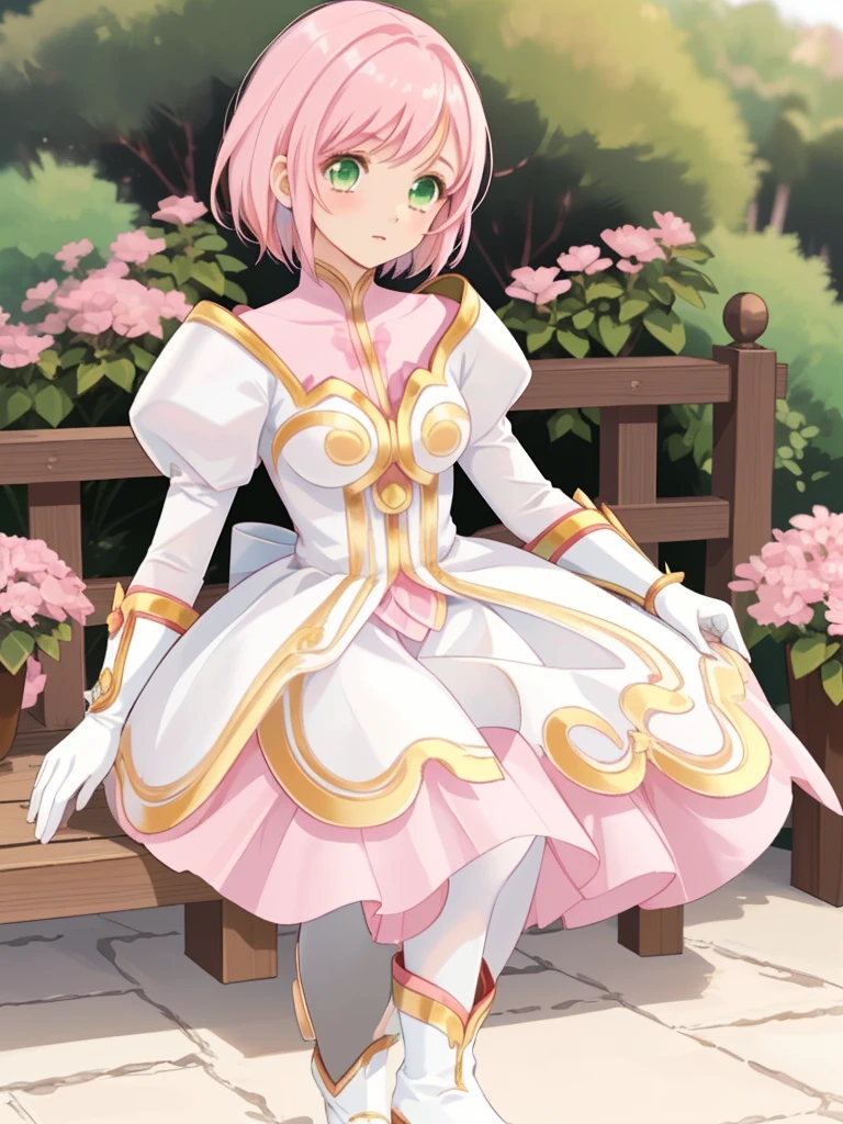 masterpiece, Highest quality, alone, One Girl,Estellise Sidos Heurassein, Pink Hair, short hair, Green Eyes, Small breasts, White and pink dress, Glamorous Dress, Pink collar, Pink Skirt, White boots, White gloves, (Black Pantyhose, Black legwear:1.1)whole body, Little:5, cute, (Beautifully detailed face), (Beautiful attention to detail), (Beautiful detailed hair)