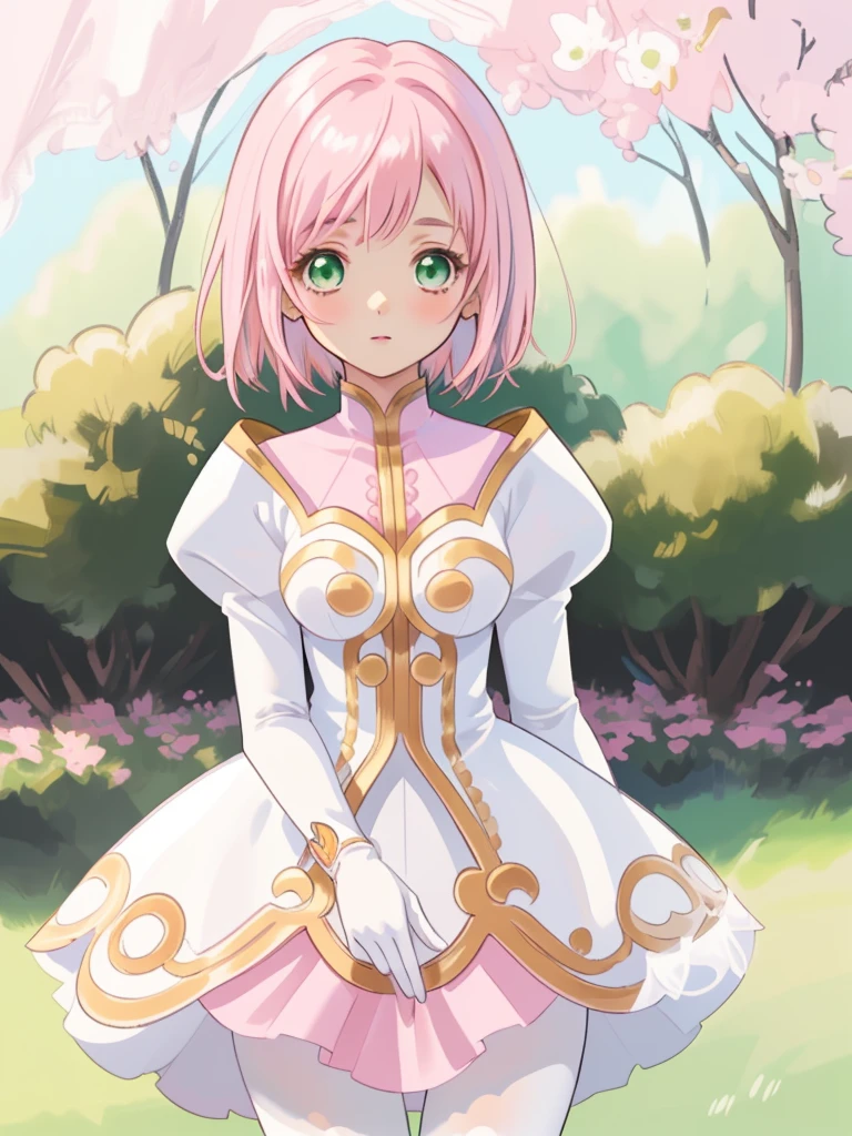 masterpiece, Highest quality, alone, One Girl,Estellise Sidos Heurassein, Pink Hair, short hair, Green Eyes, Small breasts, White and pink dress, Glamorous Dress, Pink collar, Pink Skirt, White boots, White gloves, (Black Pantyhose, Black legwear:1.1)whole body, Little:5, cute, (Beautifully detailed face), (Beautiful attention to detail), (Beautiful detailed hair)