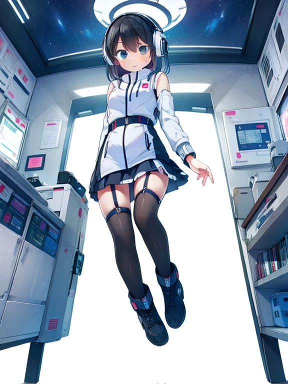 (Highest quality), (masterpiece), 1080P, High resolution, 4K, 8k, Inside the space station、Futuristic room、jumping:1.5,zero gravity,floating,Thigh straps, Shooting from directly below, The woman on top of me, 白いSweat, Covered , Sweat, Woman looking down, Skirt swimsuit, I can see your pants。BREAK black long sleeves,black tights,BREAK thigh-high socks, futuristic boots,headphone,To achieve this, , , whole body, Black leather shoes, Braided hair, Inner Color, Embarrassed face, Short black hair, bracelet, Bedroom,white downVest,celestial body_Vest

