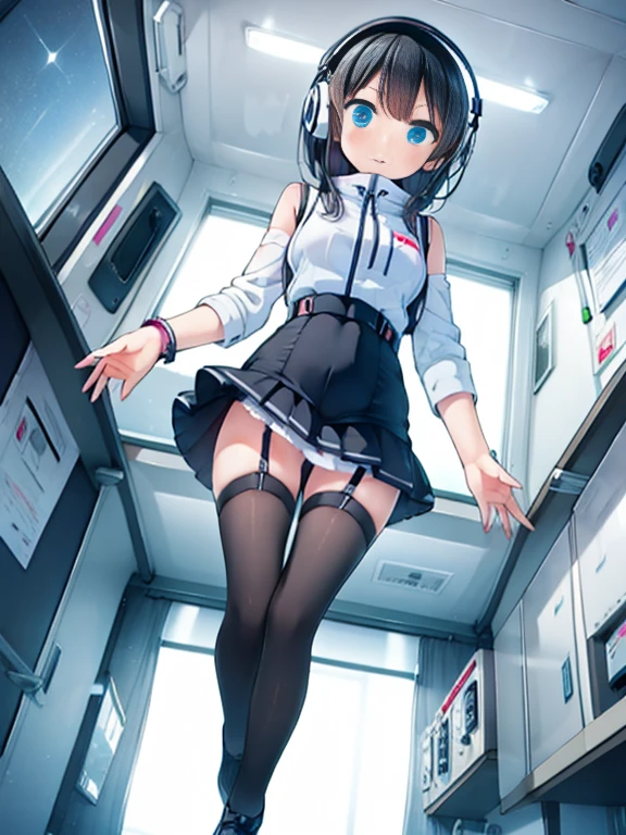 (Highest quality), (masterpiece), 1080P, High resolution, 4K, 8k, Inside the space station、Futuristic room、jumping:1.5,zero gravity,floating,Thigh straps, Shooting from directly below, The woman on top of me, 白いSweat, Covered , Sweat, Woman looking down, Skirt swimsuit, I can see your pants。BREAK black long sleeves,black tights,BREAK thigh-high socks, futuristic boots,headphone,To achieve this, , , whole body, Black leather shoes, Braided hair, Inner Color, Embarrassed face, Short black hair, bracelet, Bedroom,white downVest,celestial body_Vest