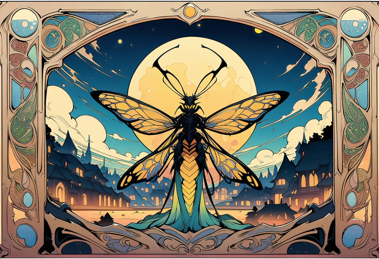 ((best quality)) , ((masterpiece)) , (detailentasy illustration of an enormous wasp with glowing eyes, surrounded cheering people in the style of magic The gathering card art. In front is a large yellow moon over a fantasy town background. Vibrant colors are used.，(art nouveau style ， elegant, decorative, curvilinear forms, nature-inspired, ornate, detailed)