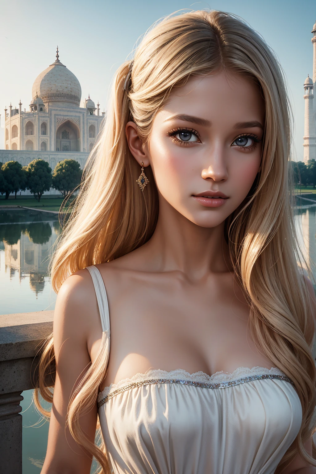portrait Anna Kournikova, wearing french maid costume, with the Taj Mahal in the background, character portrait, 5 9 9 0 s, wavy hair, intricate, elegant, highly detailed, digital painting, artstation, concept art, smooth, sharp focus, illustration, art by wlop, charlie bowater and alexandra fomina, 36k, glittering, shining, correct anatomy