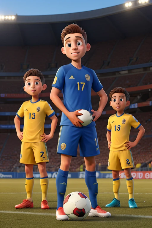 Soccer players from a team with blue and yellow uniforms