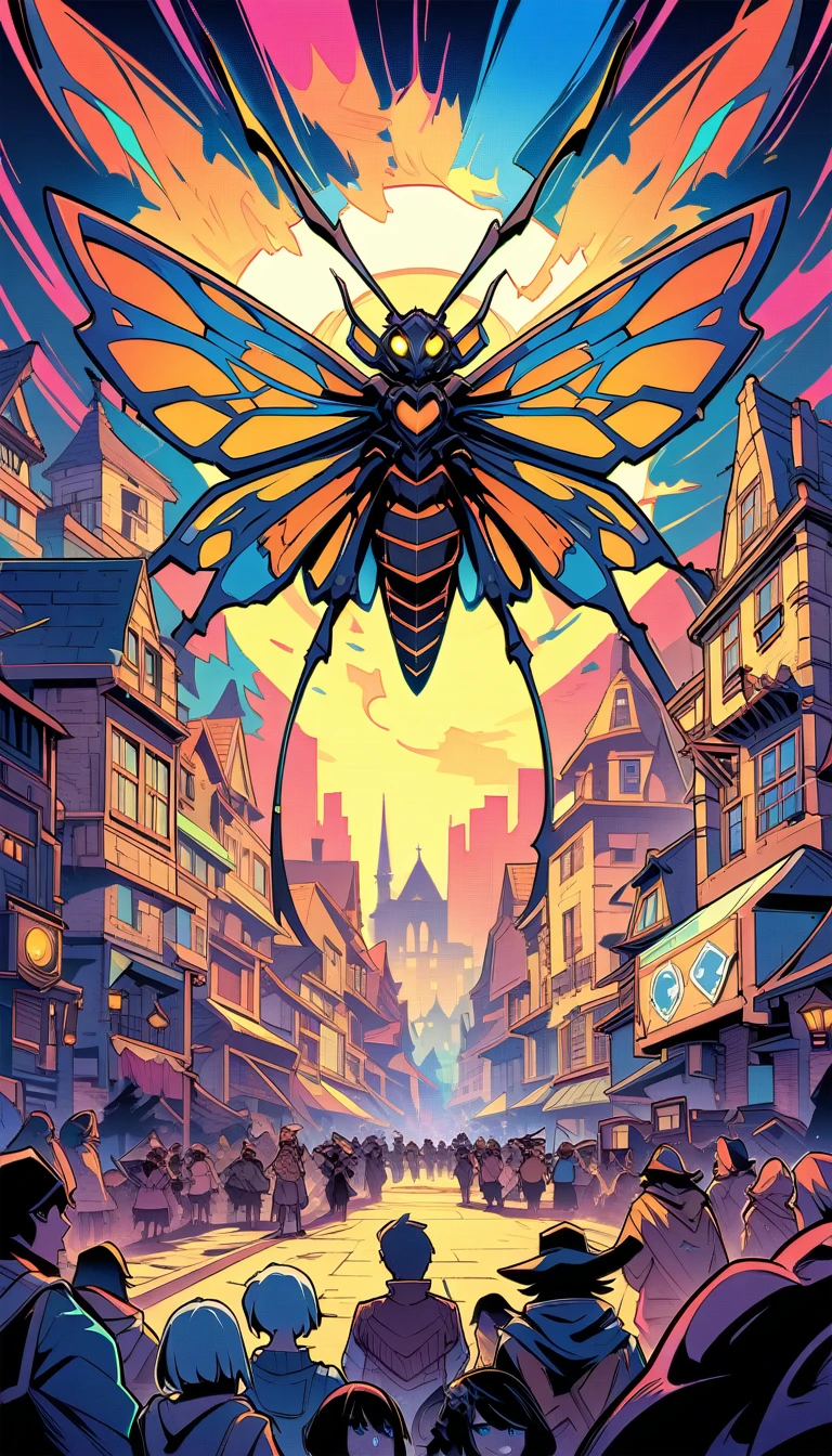 ((best quality)) , ((masterpiece)) , (detailentasy illustration of an enormous wasp with glowing eyes, surrounded cheering people in the style of magic The gathering card art. In front is a large yellow moon over a fantasy town background. Vibrant colors are used.,(pop Art style. bright colors, bold outlines, popular culture themes, ironic or kitsch)