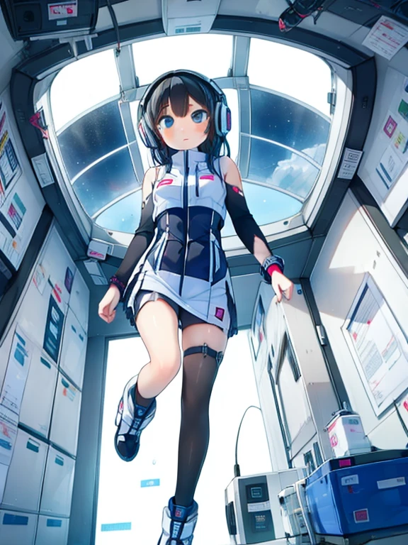 (Highest quality), (masterpiece), 1080P, High resolution, 4K, 8k, Inside the space station、Futuristic room、jumping:1.5,zero gravity,floating,Thigh straps, Shooting from directly below, The woman on top of me, 白いSweat, Covered , Sweat, Woman looking down, Skirt swimsuit, I can see your pants。BREAK black long sleeves,black tights,BREAK thigh-high socks, futuristic boots,headphone,To achieve this, , , whole body, Black leather shoes, Braided hair, Inner Color, Embarrassed face, Short black hair, bracelet, Bedroom,white downVest,celestial body_Vest
