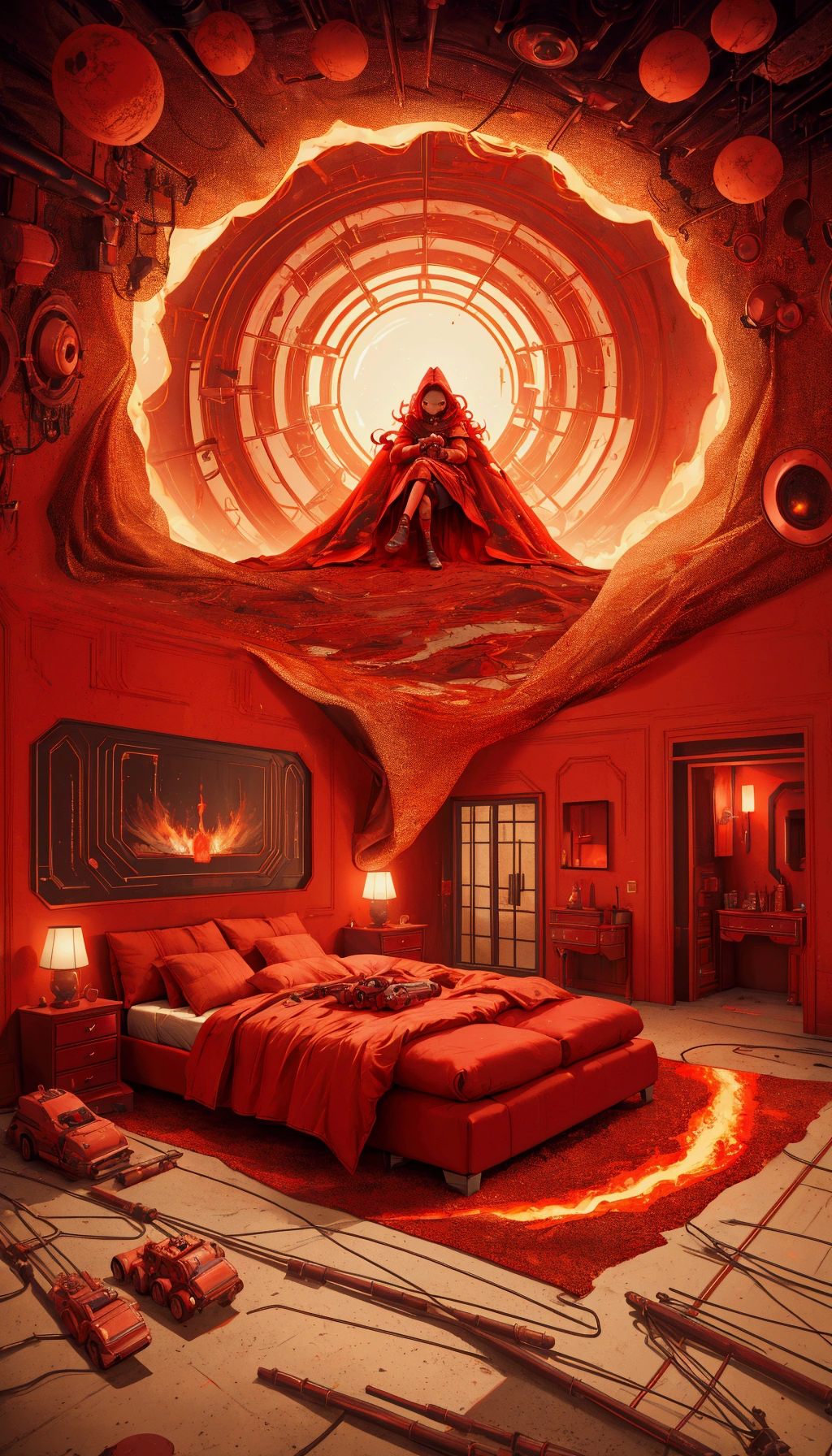 arafed beautiful girl bedroom with a bed and a red couch with a red carpet, surreal sci fi set design, in a red dream world, bedroom full of fire, inspired by Mike Winkelmann, red room, cyberpunk childrens bedroom, by Mike Winkelmann, red atmosphere, otherworldly visuals, beeple and jean giraud, hyper maximalist