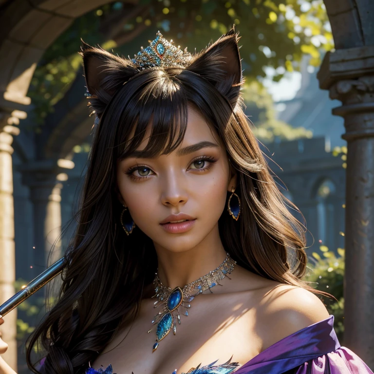 (​masterpiece, best quality:1.5), highest quality, High resolution, super detailed, Realists, Upper body photo of a sorceress, dark skin, detailed and beautiful eyes, beautiful detailed lips, very detailed eyes and face, longeyelashes, shiny satin dress, Holds a magic wand in his hand and performs eine Transformation spell. Beautiful and colorful makeup, elegant and noble々The jewelry bag, Gardens as background, soft daylight, bright colors, fine brushstrokes, Portrait style, Silk dress fabric, beautiful color palette, glowing skin, First-class rendering, that captures every detail, enchanting atmosphere, subtle shadows and lights, (perfect anatomy:1.2), (The stunning sorceress turns a cat into a princess (eine Transformation):1.4), (magnificent panorama view:1.2)