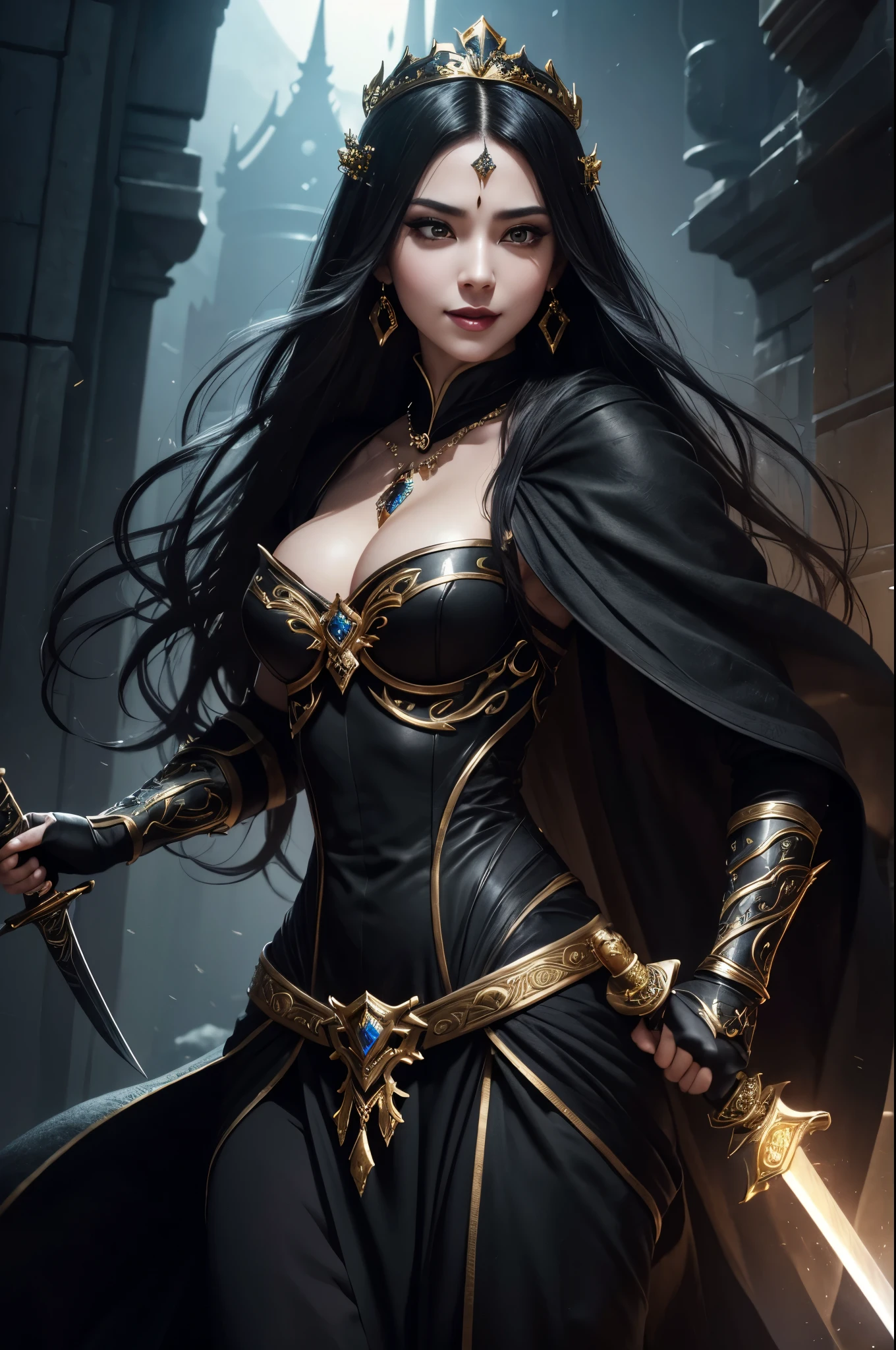 8k,とてもSmall breasts,Long black hair,Close-up of a woman in a black evil god costume holding a one-handed sword, Beautiful fantasy empress, ((Beautiful fantasy empress)), Small breasts , Very detailed, Very detailed , Up to the model | Types of bacteria, Trending on cgstation, Pan Zhenwei Art Station, Gorgeous black cloak,Ultra-high resolution,Ultra-Realistic Skin,Beautiful expression,Fantasy art,Laughter(Like the real thing),非常にSmall breasts ,Straight hair,Golden Eyes,black gemstone earrings,black gemstone necklace,Luxurious black gauntlets,Black lipstick,Black eyeshadow,Evil God Makeup,Dynamic fighting pose,Rich colors, Backlight, Cinema Lighting, Film Grain, to be born, 50mm lens, Nikon D850,Compensate,View your audience,Toned, muscular lower body,Muscular Beauty,compensate,Big smile,Gorgeous black and gold long skirt,