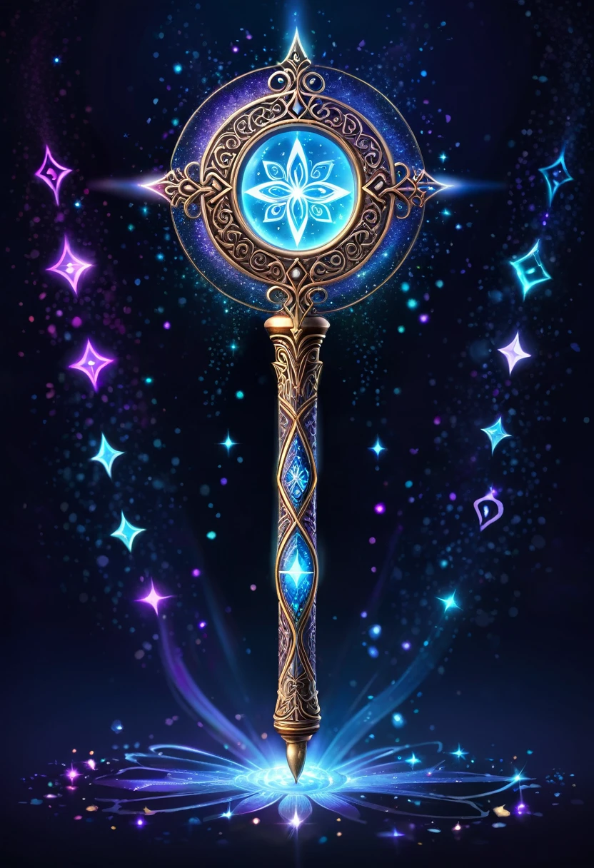 A glowing magic wand with intricate designs, surrounded by floating runes and sparkles.