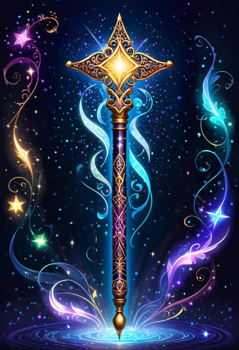A glowing magic wand with intricate designs, surrounded by floating runes and sparkles.
