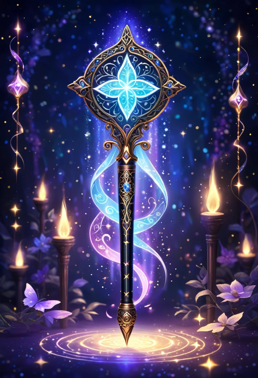A glowing magic wand with intricate designs, surrounded by floating runes and sparkles.