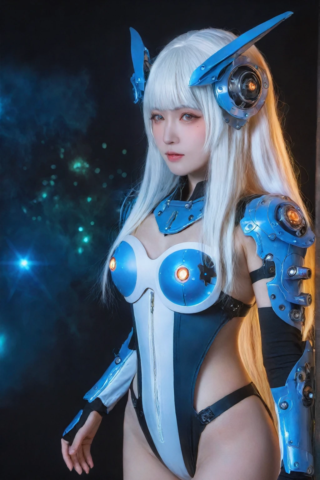 masterpiece,best quality,ultra-detailed,very detailed illustrations,extremely detailed,intricate details,highres,super complex details,extremely detailed 8k cg wallpaper,cowboy shot, caustics,reflection,ray tracing,demontheme,nebula,dark aura,cyber effect, (1girl:1.4),solo,alone,mecha musume,mechanical parts, robot joints,single mechanical arm, headgear, mechanical halo,star halo,intricate mechanical bodysuit, mecha corset, full armor, very long hair,white hair, hair between eyes, multicolored hair, colored inner hair, red eyes,glowing eye,eye trail, random expressions,random action, ancient japanese architecture,pond, starry sky,skyline,full body,using magic power,VFX,glowing energy fluid,special effects,glowing energy effects,blue and orange magic effects,highly detailed,32K UHD