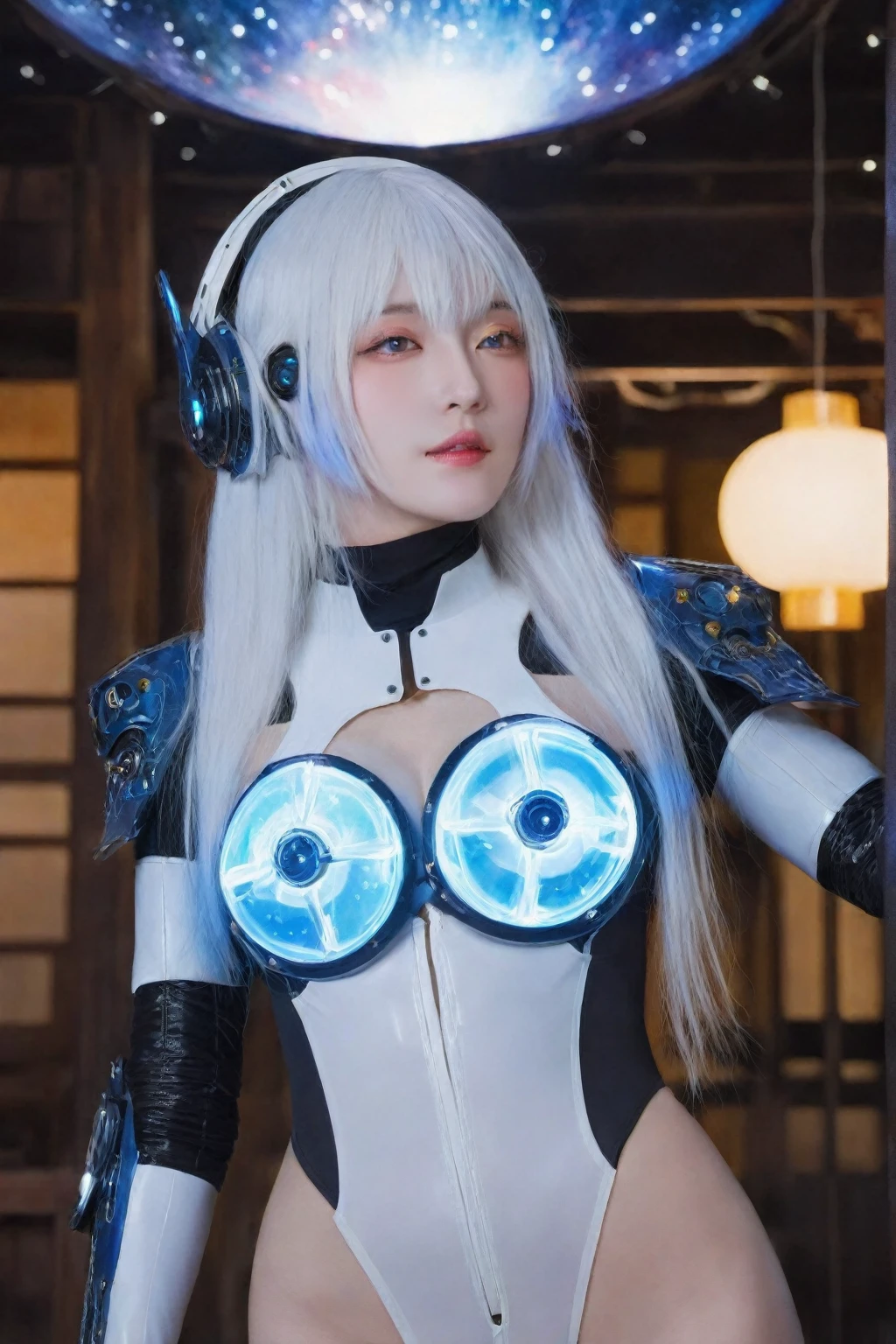 masterpiece,best quality,ultra-detailed,very detailed illustrations,extremely detailed,intricate details,highres,super complex details,extremely detailed 8k cg wallpaper,cowboy shot, caustics,reflection,ray tracing,demontheme,nebula,dark aura,cyber effect, (1girl:1.4),solo,alone,mecha musume,mechanical parts, robot joints,single mechanical arm, headgear, mechanical halo,star halo,intricate mechanical bodysuit, mecha corset, full armor, very long hair,white hair, hair between eyes, multicolored hair, colored inner hair, red eyes,glowing eye,eye trail, random expressions,random action, ancient japanese architecture,pond, starry sky,skyline,full body,using magic power,VFX,glowing energy fluid,special effects,glowing energy effects,blue and orange magic effects,highly detailed,32K UHD