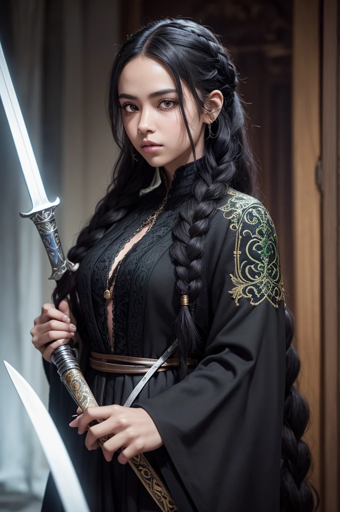 House of the Dragon. young black woman with dark skin and slightly bluish violet eyes, Very long white curly hair tied in a long Valerian braid with a tight Black Valerian dress with green embroidery,with a sword at his waist looking forward with a serious and cold look and beside him Aemond Targeryen who is a young man with long white hair, black eye patch, chin a little long, sem beard, black clothes holding her by the waist