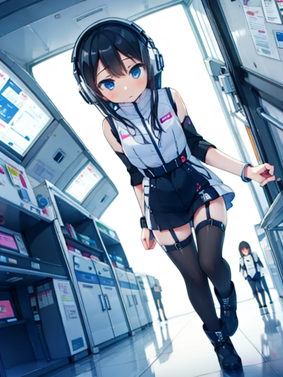 (Highest quality), (masterpiece), 1080P, High resolution, 4K, 8k, Inside the space station、Futuristic room、jumping:1.5,zero gravity,floating,Thigh straps, Shooting from directly below, The woman on top of me, 白いSweat, Covered , Sweat, Woman looking down, Skirt swimsuit, I can see your pants。BREAK black long sleeves,black tights,BREAK thigh-high socks, futuristic boots,headphone,To achieve this, 16 years old, , whole body, Black leather shoes, Braided hair, Inner Color, Embarrassed face, Short black hair, bracelet, Bedroom,white downVest,celestial body_Vest