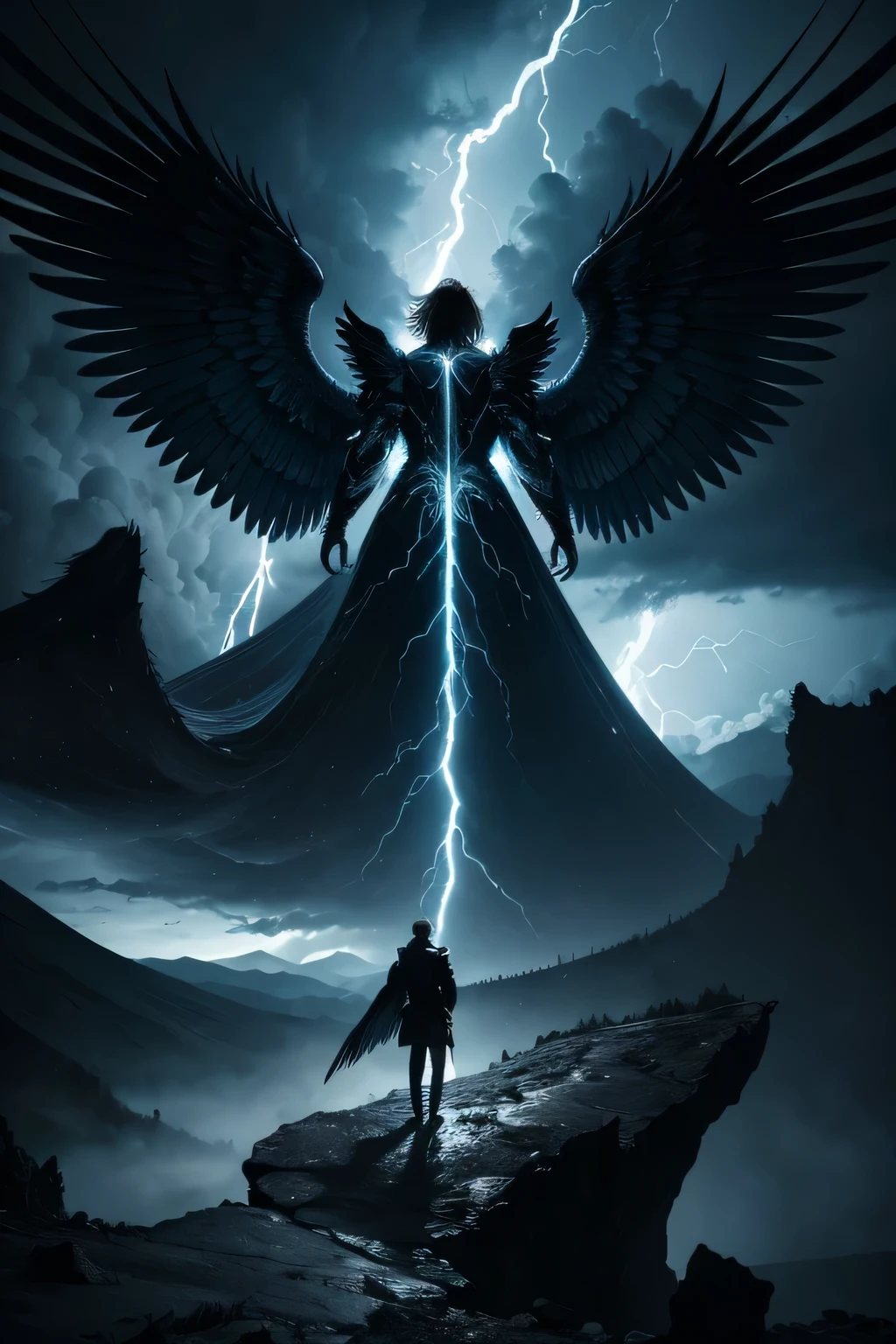 Create an image with maximum quality and advanced detail levels, in a cinematic style. The scene should depict a person from behind, with imposing black angel wings, standing atop a glowing and turbulent magma surface. The person is gazing up at the sky, which is filled with dramatic clouds and stormy lights. The lighting should emphasize the texture of the wings and the glow of the magma, creating a striking contrast between the darkness of the wings and the luminosity of the surrounding environment. The scene should convey an epic and powerful atmosphere, with a detailed focus on the central figure and the environment around them.