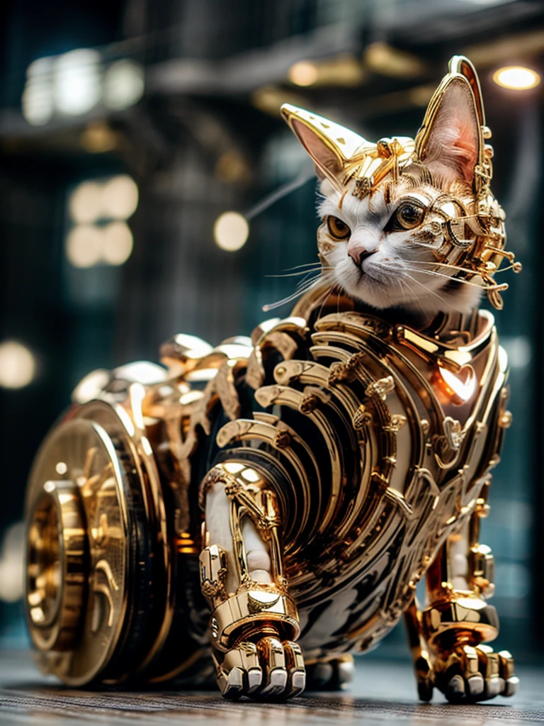 1 cat, best quality, 8k, masterpiece, realistic, depth of field, long exposure, selective focus, low angle shot, IvoryGoldAI:1.2, gold and white metal cat:1.3, sitting:1.2, full body, long exposure, very complicated pattern derive from fur:1.2, white and gold mechanical cat:1.3, gears:1.3, clockwork cat:1.3, shiny, correct cat anatomy:1.2