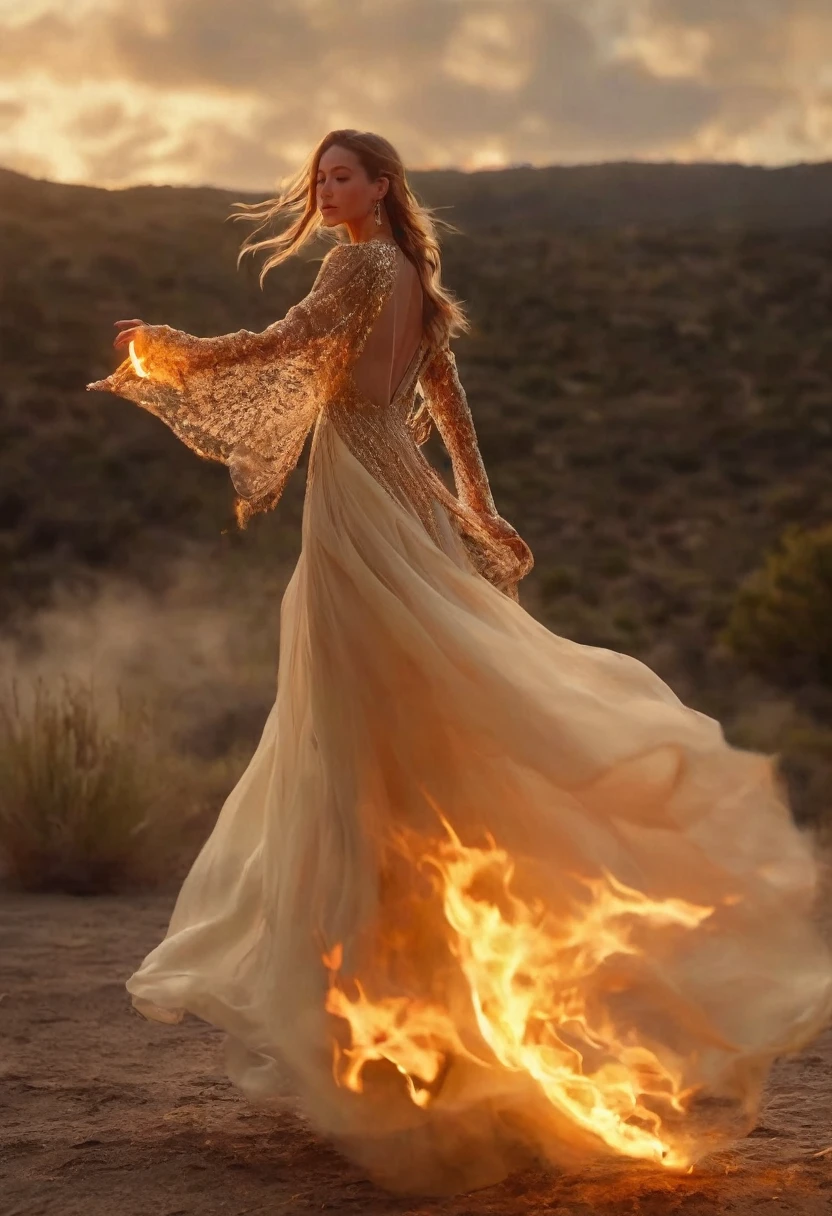 Medium shot video with smooth tracking, capturing her elegant movement, flowing dress, and the captivating flame. The camera circles around her, transitioning from a side profile to a frontal view. Warm, ambient lighting enhances the mystical atmosphere. Cinematic focus shifts, magical, enchanting, ethereal ambiance.