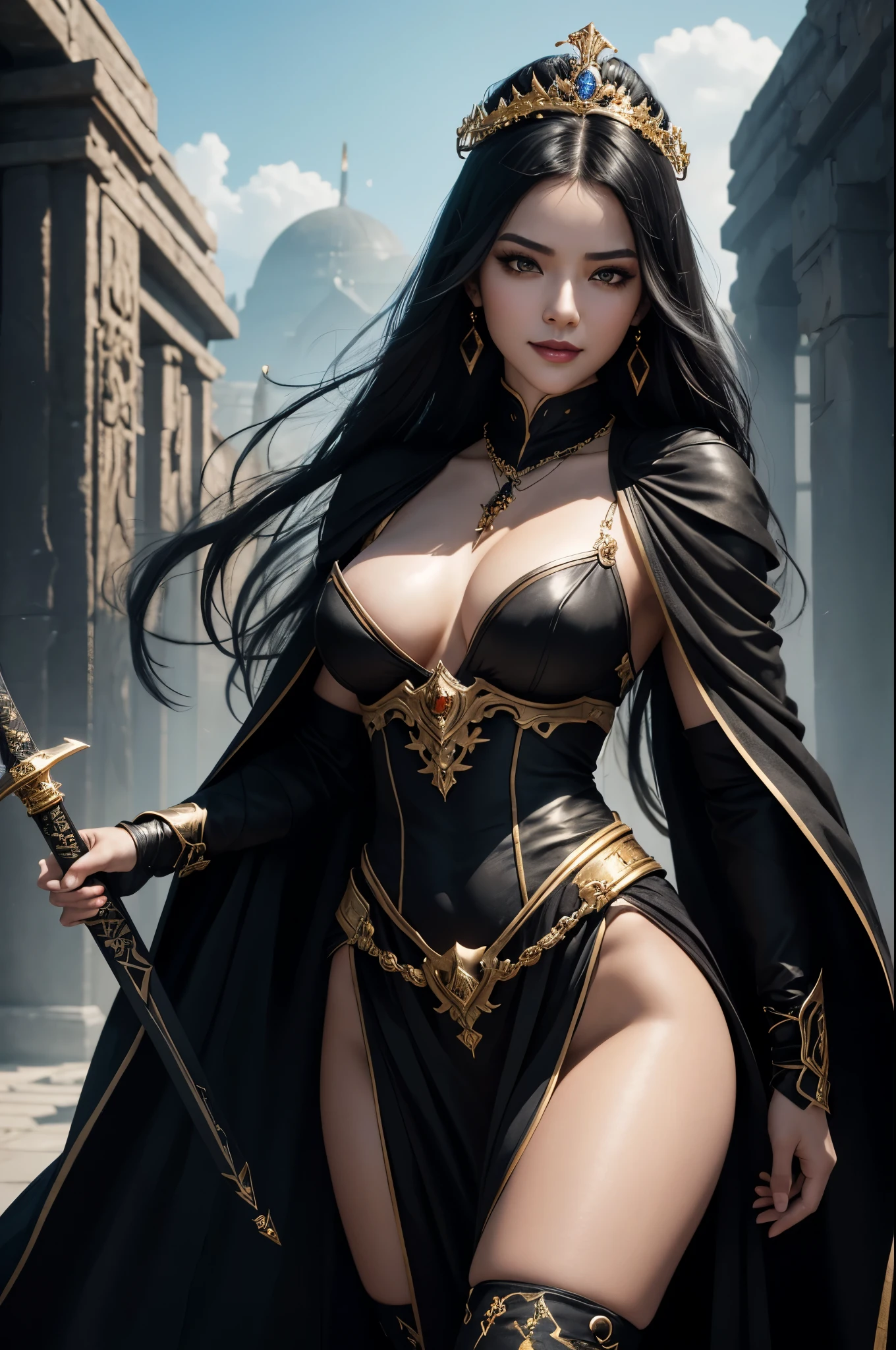 8k,とてもSmall breasts,Long black hair,Close-up of a woman in a black evil god costume holding a one-handed sword, Beautiful fantasy empress, ((Beautiful fantasy empress)), Small breasts , Very detailed, Very detailed , Up to the model | Types of bacteria, Trending on cgstation, Pan Zhenwei Art Station, Gorgeous black cloak,Ultra-high resolution,Ultra-Realistic Skin,Beautiful expression,Fantasy art,Laughter(Like the real thing),非常にSmall breasts ,Straight hair,Golden Eyes,black gemstone earrings,black gemstone necklace,Luxurious black gauntlets,Black lipstick,Black eyeshadow,Evil God Makeup,Dynamic fighting pose,Rich colors, Backlight, Cinema Lighting, Film Grain, to be born, 50mm lens, Nikon D850,Compensate,View your audience,Toned, muscular lower body,Muscular Beauty,compensate,Big smile,Gorgeous black and gold long skirt,