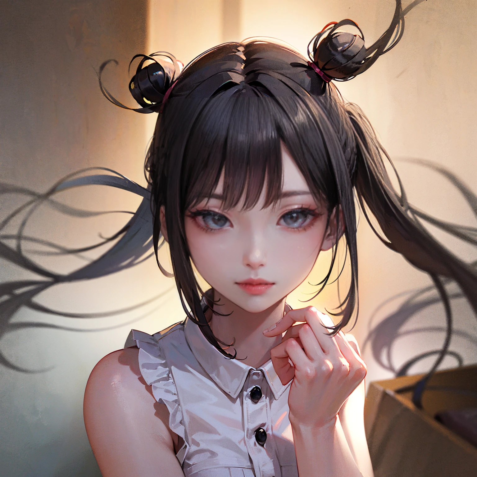 (8k, RAW Photos, Highest quality, masterpiece: 1.2), (Real、Photorealistic: 1.4), (Highly detailed 8K wallpapers), Very delicate and beautiful, Ultra-high resolution, 3d, A girl as cute as a doll, highly detailed dress, Twin tails, Blunt bangs, Highly detailed glossy black hair, Transparent white skin, large, round eyes, Thin lips, round face, From above, Looking at the camera, The best light, Perfect composition, red, pink, 


