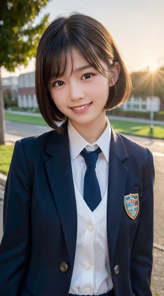 (Highest quality,8K quality,masterpiece:1.3),(Ultra-high resolution,Photorealistic:1.4,RAW Photos),(Ultra-detailed,Caustics,Detailed Background),(Ultra-Realistic Capture,Beautiful and detailed skin,Perfect Anatomy),At sunset,Sunset sky,School building,Schoolyard,18-year-old,cute,single eyelid,Black short bob,School Blazer Uniform,Looking into the camera,Laughter,Bust up shot,Natural soft light,1 person