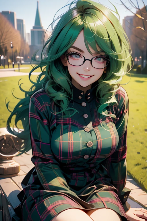 Perfect face. Perfect hands. A green haired woman with violet eyes and glasses with an hourglass figure in a plaid dress is sitting in the park with with a big smile