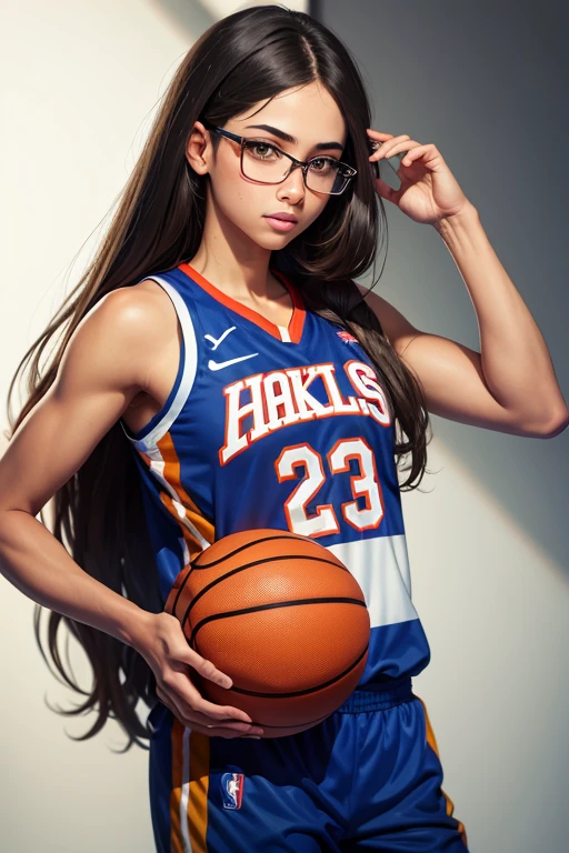 Basketball player number 9, straight hair and glasses