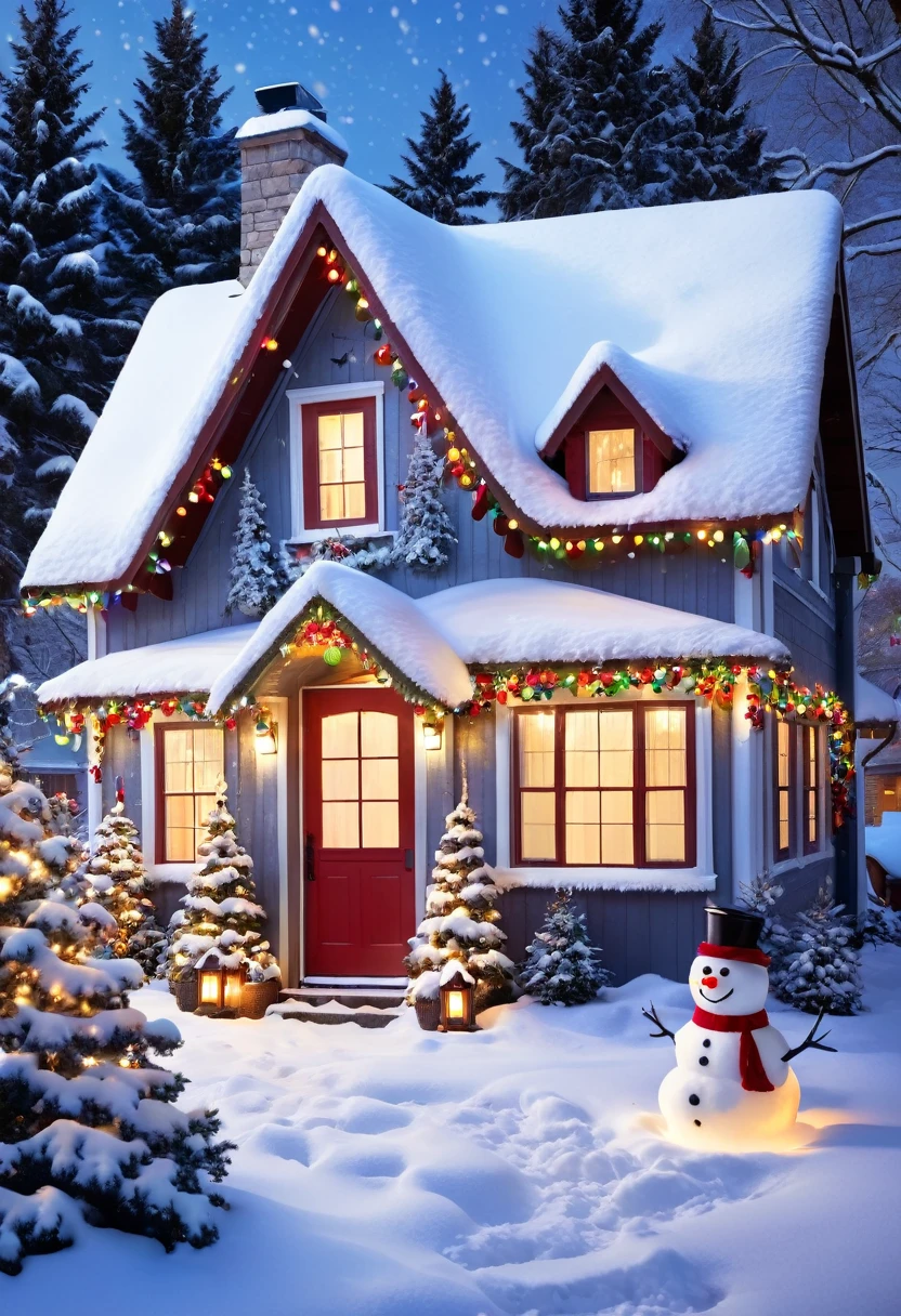 A cozy winter scene with a snow-covered cottage, decorated with Christmas lights and a snowman in the yard.