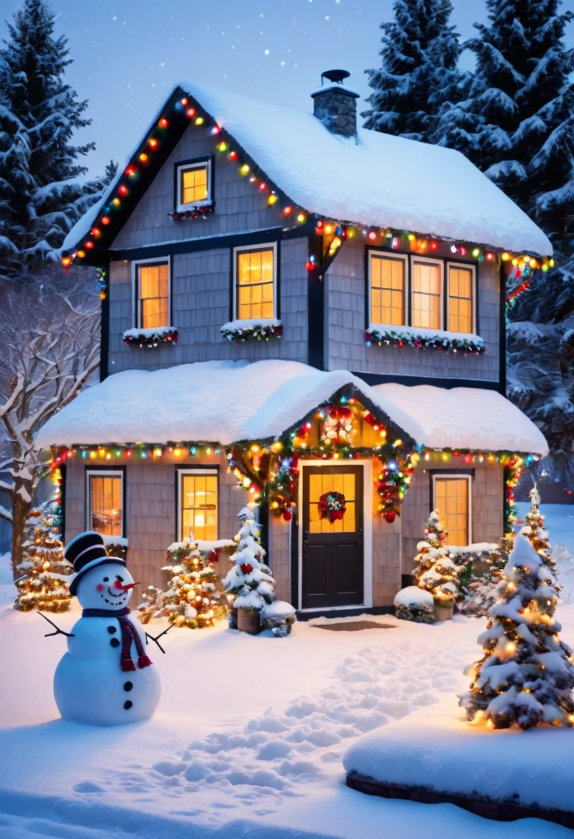 A cozy winter scene with a snow-covered cottage, decorated with Christmas lights and a snowman in the yard.