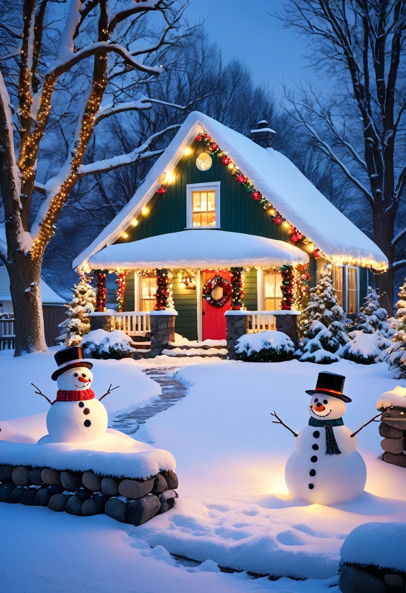 A cozy winter scene with a snow-covered cottage, decorated with Christmas lights and a snowman in the yard.