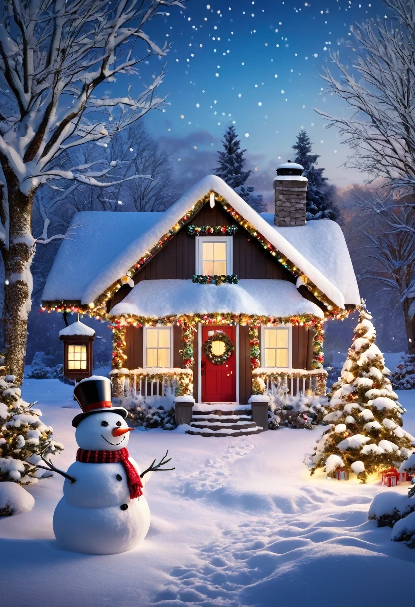 A cozy winter scene with a snow-covered cottage, decorated with Christmas lights and a snowman in the yard.