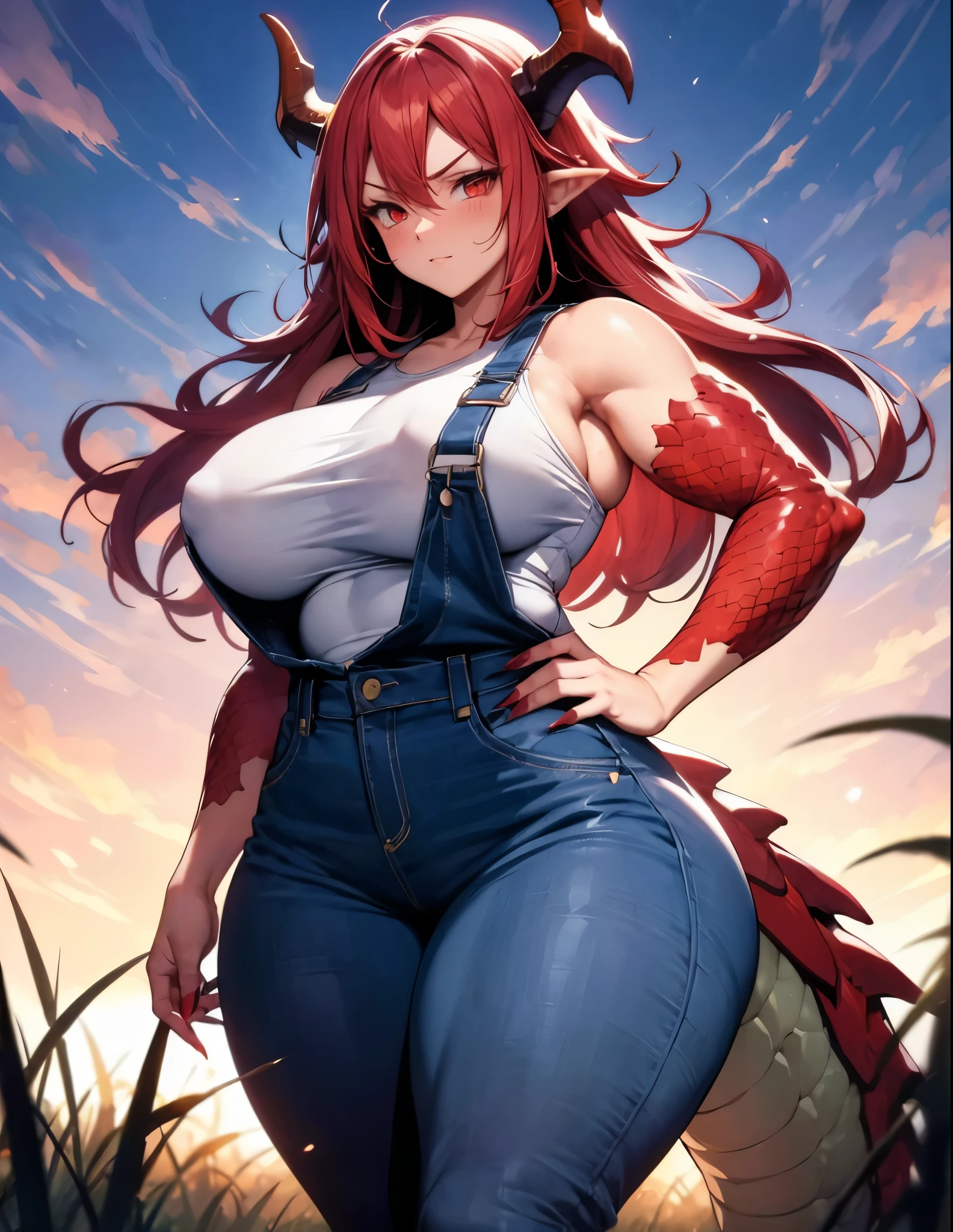 Solo, 1Female, ((Dragon Girl Demihuman)), Crimson Hair Colour, Long Unruly Hair, (Red Dragon Horns), Beautiful Face, Large Breast Size, Toned Feminine Body, ((Long Dark Red Fingernails)), Wide Hips, Thick Squishy Thighs, Plump Shapely Butt, (Large Crimson Dragon Tail,) ((Dragon Scales on Arms)), Denim Overalls, White T-Shirt, Standing in Farm Field, Protective Expression, Eyebrows Furrowed, Soft Blush, Hand on Hip, Beautiful Lighting, Perfect Anatomy, Perfect Hands, Masterpiece