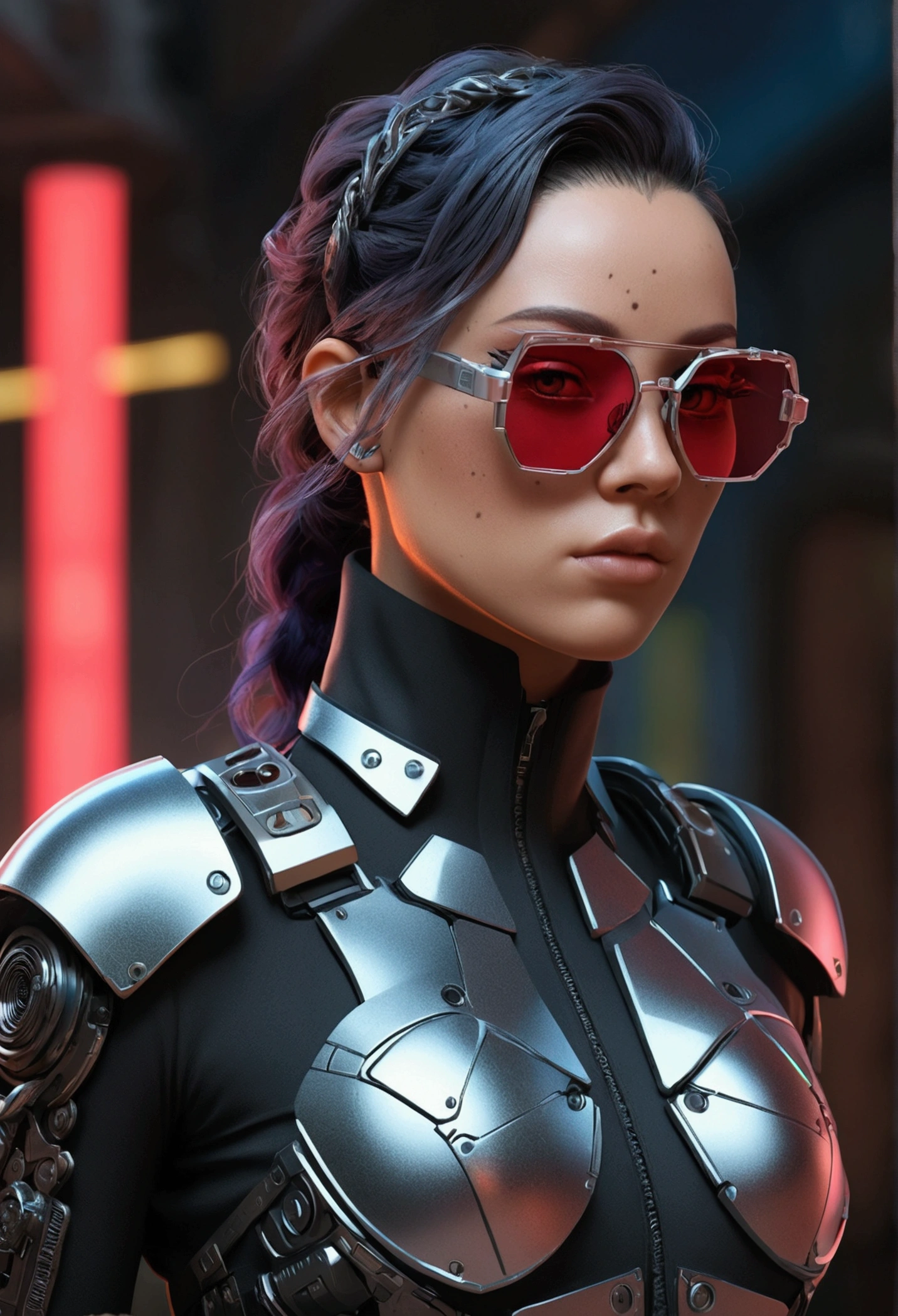 (photo hyper realistic), (highy detailed: 1.2), (canon EOS R6 best quality: 1.2), (8k: 1.0), (emb-rrf-low: 1.0), (many large black cyber head tattoos open in the middle showing the inside, face detailed, Hyper-detailed eyes and high-tech sunglasses with holographic display 1.2), sharp focus (awarded photo: 1.2), (underground dispersal: 1.2), (underground dispersal: 1.2). 1.1) (a beautiful ultra-detailed cyborg: 1.2), ( hyper-detailed hair: 1.2), (wonderful body: 1.2), (whole body: 1.2), (Dynamic posture :1.2), neon glow, (detailed cybernetic eyes:1.1), close up (hyper realist:1.2), RPG, cyberpunk style 2077, dramatic lighting, (highy detailed futuristic cityscape:1.2), (sci-fi: 1.2). 1.2), professional portrait photograph, por Wlop Greg Rutkowski Jeffrey Simpson Alphonse Mucha