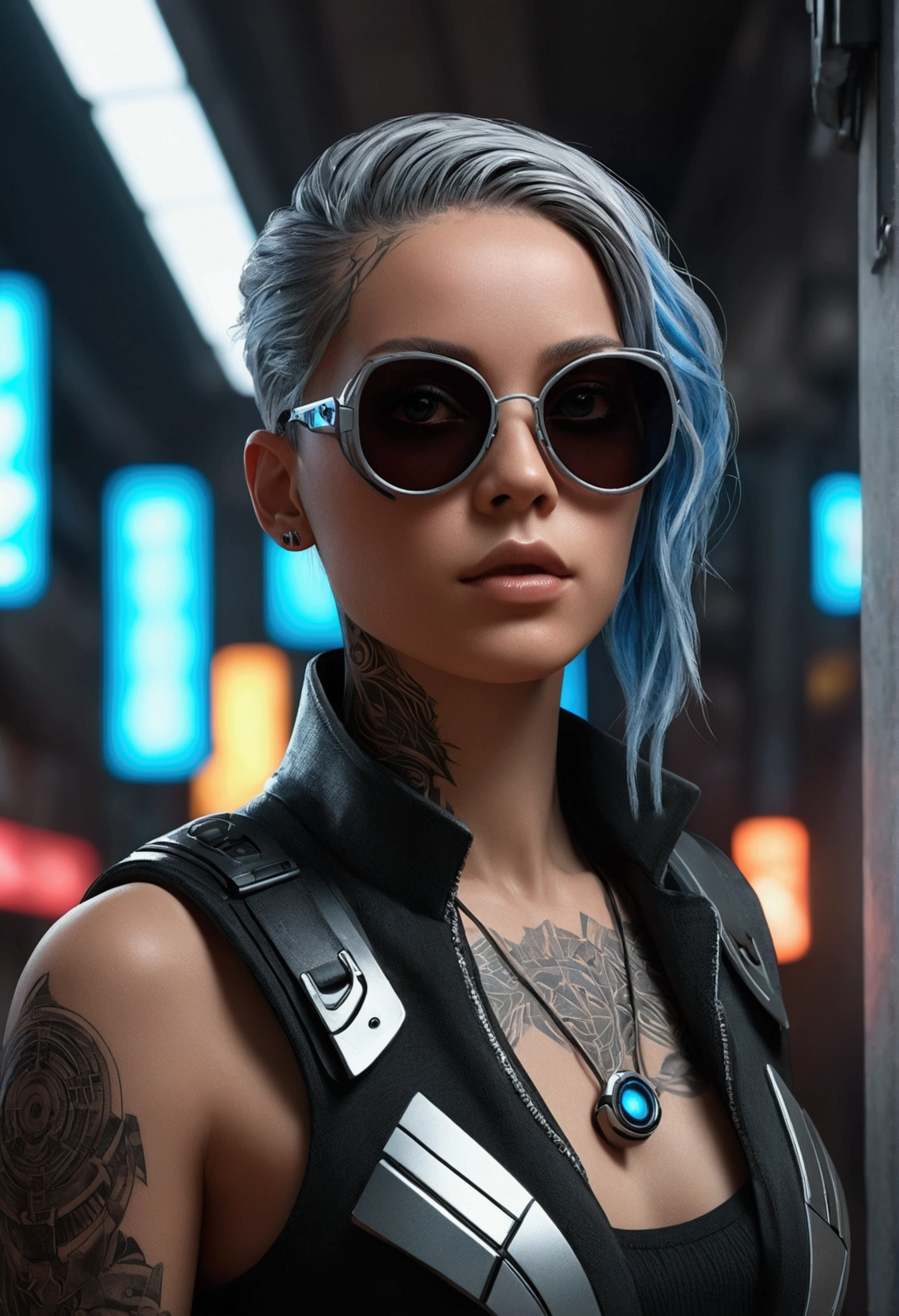 (photo hyper realistic), (highy detailed: 1.2), (canon EOS R6 best quality: 1.2), (8k: 1.0), (emb-rrf-low: 1.0), (many large black cyber head tattoos open in the middle showing the inside, face detailed, Hyper-detailed eyes and high-tech sunglasses with holographic display 1.2), sharp focus (awarded photo: 1.2), (underground dispersal: 1.2), (underground dispersal: 1.2). 1.1) (a beautiful ultra-detailed cyborg: 1.2), ( hyper-detailed hair: 1.2), (wonderful body: 1.2), (whole body: 1.2), (Dynamic posture :1.2), neon glow, (detailed cybernetic eyes:1.1), close up (hyper realist:1.2), RPG, cyberpunk style 2077, dramatic lighting, (highy detailed futuristic cityscape:1.2), (sci-fi: 1.2). 1.2), professional portrait photograph, por Wlop Greg Rutkowski Jeffrey Simpson Alphonse Mucha