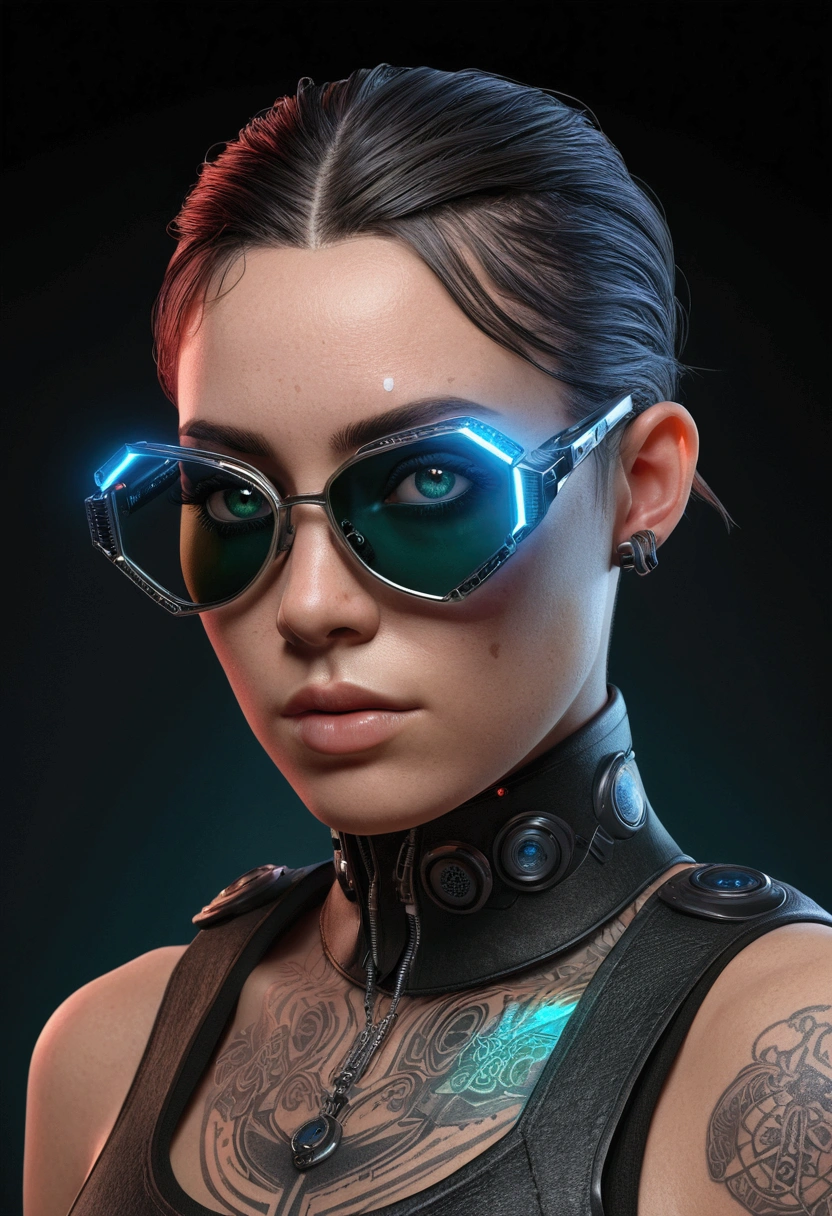 (photo hyper realistic), (highy detailed: 1.2), (canon EOS R6 best quality: 1.2), (8k: 1.0), (emb-rrf-low: 1.0), (many large black cyber head tattoos open in the middle showing the inside, face detailed, Hyper-detailed eyes and high-tech sunglasses with holographic display 1.2), sharp focus (awarded photo: 1.2), (underground dispersal: 1.2), (underground dispersal: 1.2). 1.1) (a beautiful ultra-detailed cyborg: 1.2), ( hyper-detailed hair: 1.2), (wonderful body: 1.2), (whole body: 1.2), (Dynamic posture :1.2), neon glow, (detailed cybernetic eyes:1.1), close up (hyper realist:1.2), RPG, cyberpunk style 2077, dramatic lighting, (highy detailed futuristic cityscape:1.2), (sci-fi: 1.2). 1.2), professional portrait photograph, por Wlop Greg Rutkowski Jeffrey Simpson Alphonse Mucha