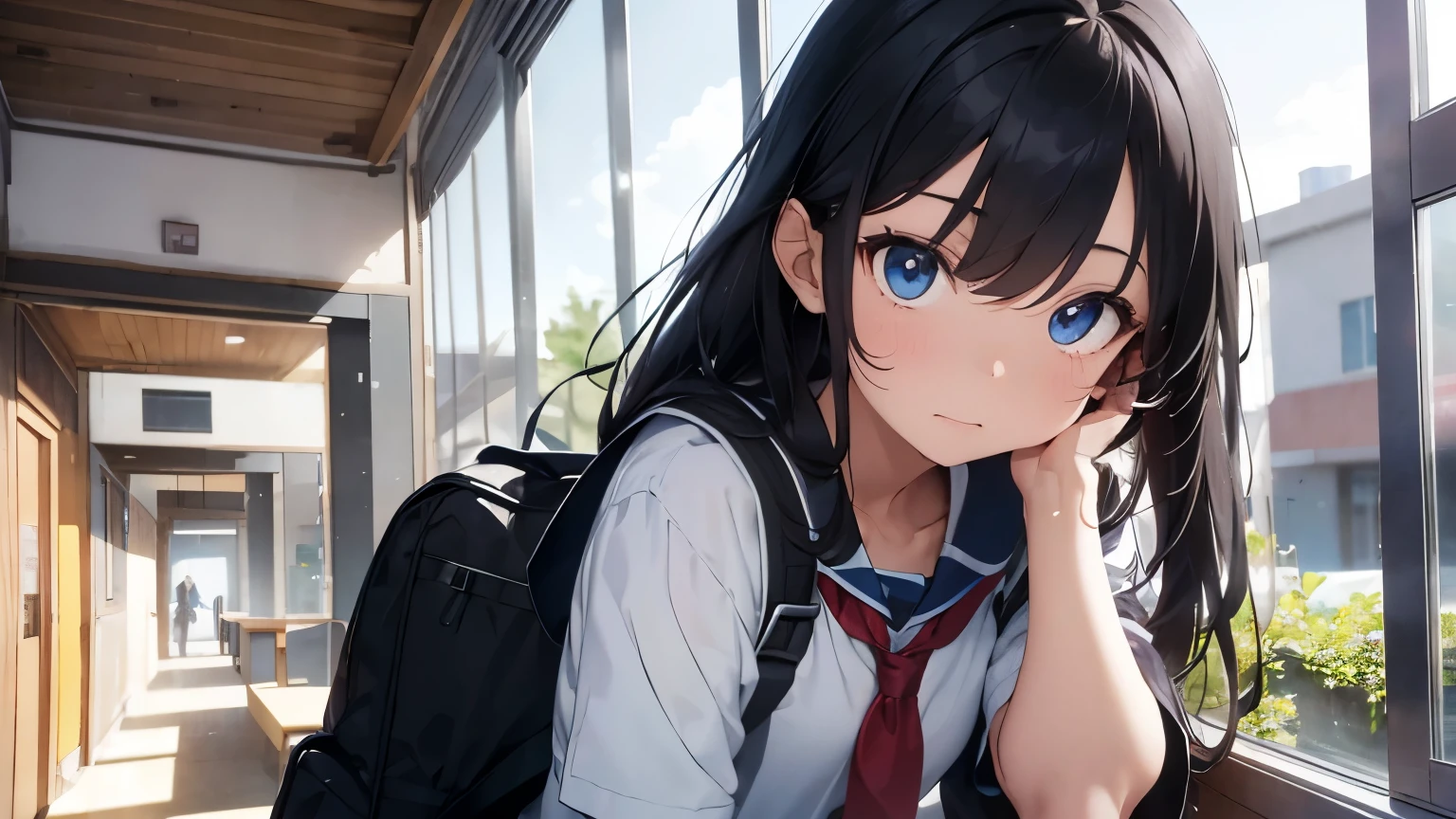 A 15-year-old student with long black hair that falls gently down her back, complemented by his bright blue eyes. His athletic figure reflects his dedication to the sport. He wears an impeccable school uniform: a well-ironed white shirt and a blue skirt that falls just above her knees. His expression is determined and focused as he holds a backpack over one shoulder., walking through the school hallways with confidence. The wind moves his hair slightly as he goes, highlighting their presence in the school environment.