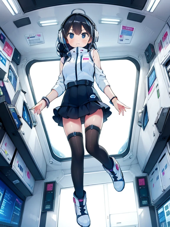 (Highest quality), (masterpiece), 1080P, High resolution, 4K, 8k, Inside the space station、Futuristic room、jumping:1.5,zero gravity,floating,Thigh straps, Shooting from directly below, The woman on top of me, 白いSweat, Covered , Sweat, Woman looking down, Skirt swimsuit, I can see your pants。BREAK black long sleeves,black tights,BREAK thigh-high socks, futuristic boots,headphone,To achieve this, 16 years old, , whole body, Black leather shoes, Braided hair, Inner Color, Embarrassed face, Short black hair, bracelet, Bedroom,white downVest,celestial body_Vest