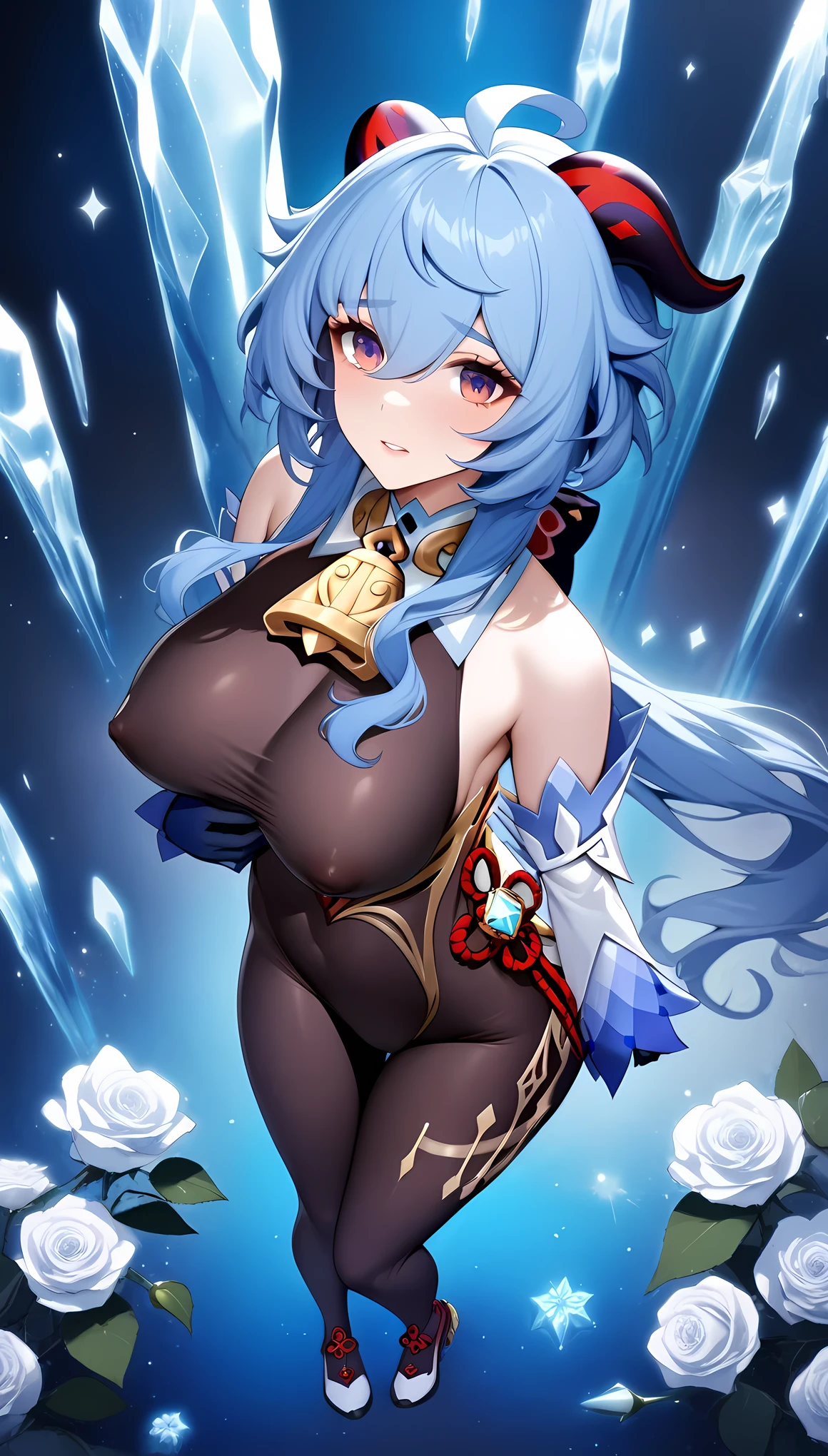 masterpiece, best quality, very aesthetic, absurdres, 1girl, mature_lady,pink_bodysuit,covered_nipple,hugging a cat,,ganyu,ganyu(genshin impact), horns, short blue hair,,rose,dark_background,  flower, ice_flower, icicle,,glowing stardust frontground,fantasy,sparkling,fireflies,from above